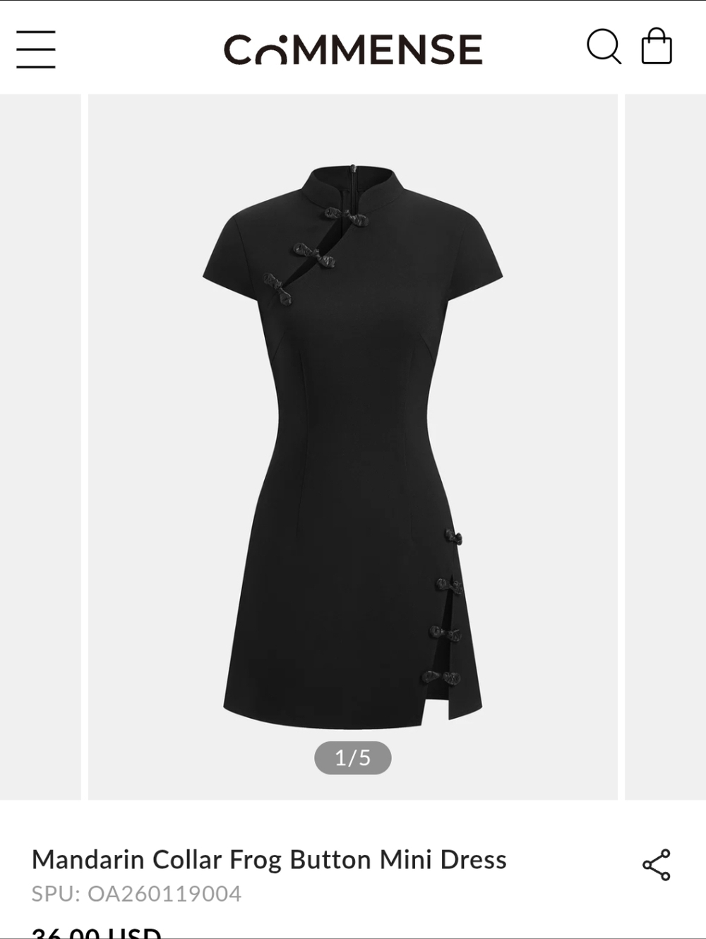 NWT COMMENSE Black Mandarin-Collar Mini Dress with Frog Buttons Size Med